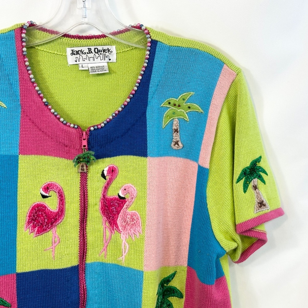 VTG‎ Jack B Quick Large Sweater Flamingo Beaded Zip Beachy Coastal Novelty 345 - Picture 6 of 11